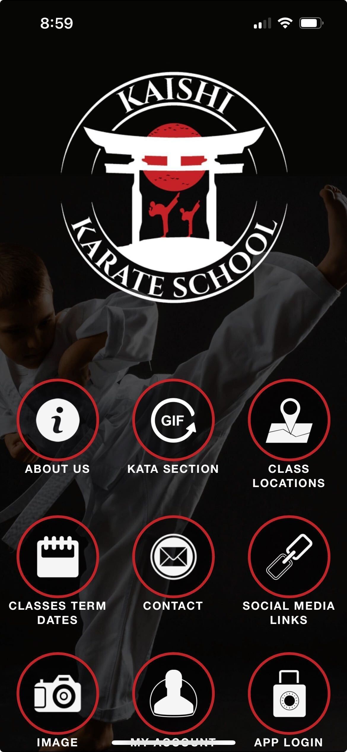 Mobile app for Kaishi Karate School with menu buttons in red circles.