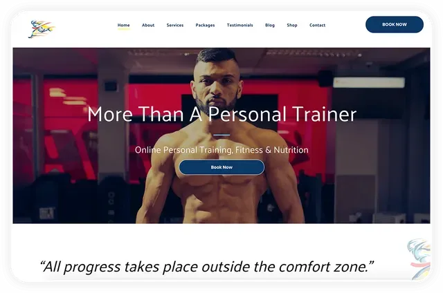 Website homepage featuring a muscular man, text: