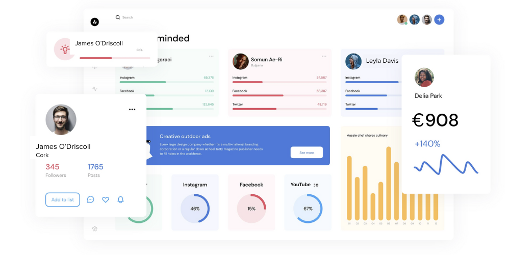 Dashboard interface with user stats, graphs, and a blue pop-up. Light colors, bar graphs, and circular progress bars.