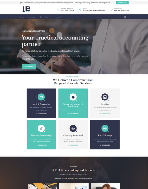 JB website homepage: Accountant with financial services, including audit, tax, business, and company support.
