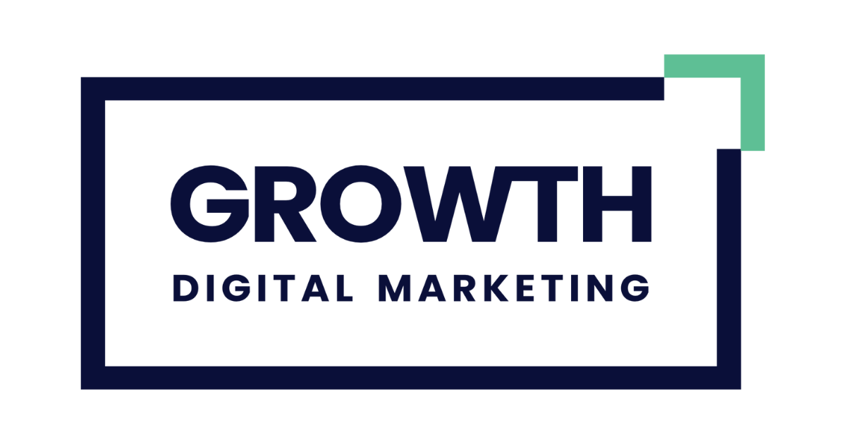 "Growth Digital Marketing logo: navy blue framed text, "GROWTH" over "DIGITAL MARKETING," mint green square in corner."