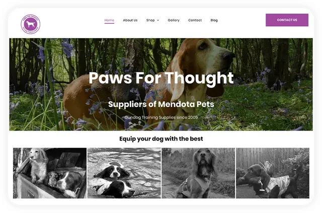 Website header with a dog in a forest setting, featuring