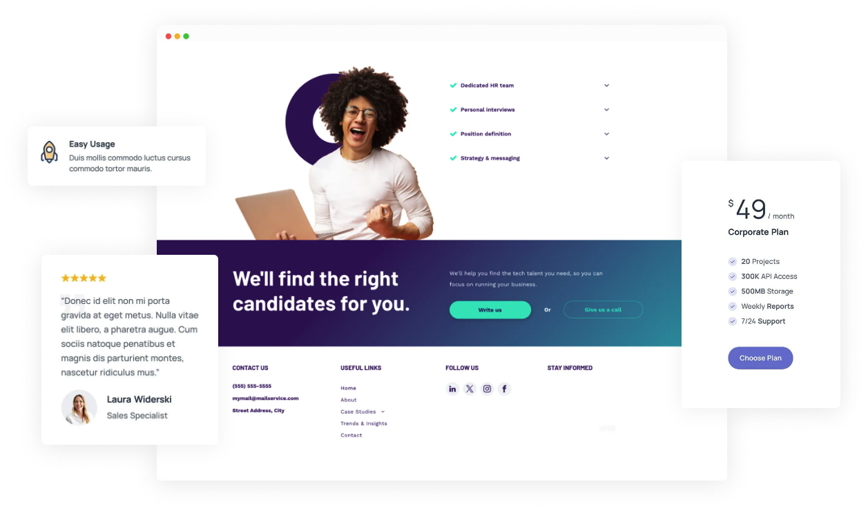 Website promoting candidate finding services with a woman smiling and a laptop.