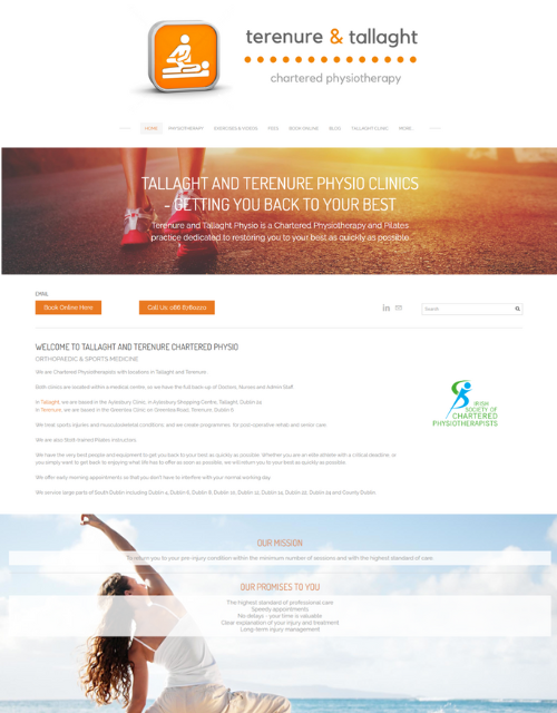 Website homepage for Tallaght and Terenure physiotherapy clinics, featuring running woman and ocean scene.