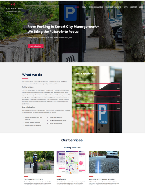 Website homepage about parking management, featuring parking meters and smart city concepts.