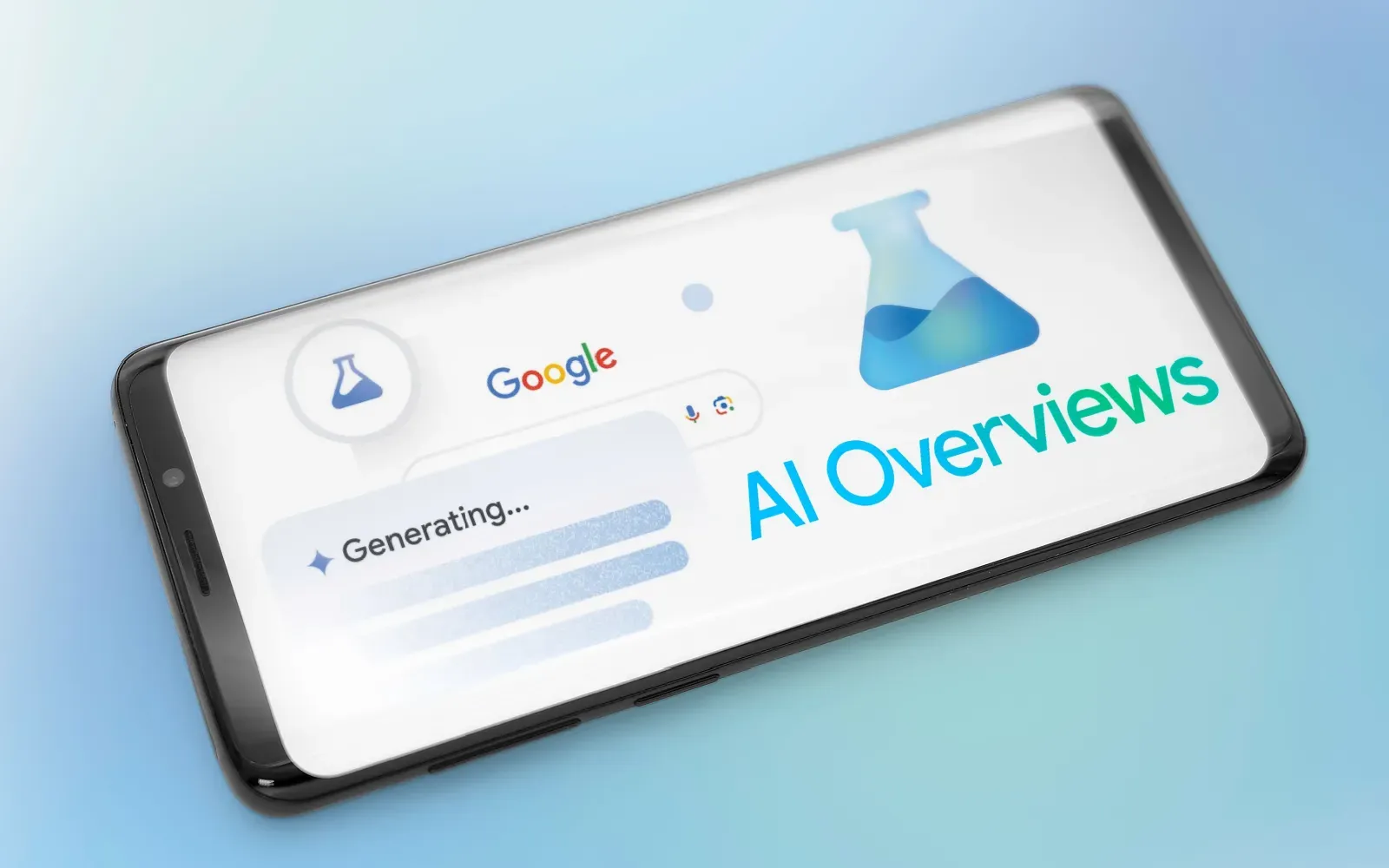 Google search results on a smartphone showing an “AI Overviews” screen on a blue background