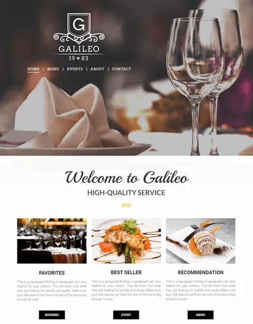 Galileo restaurant website homepage with logo, elegant table setting, and food recommendations.