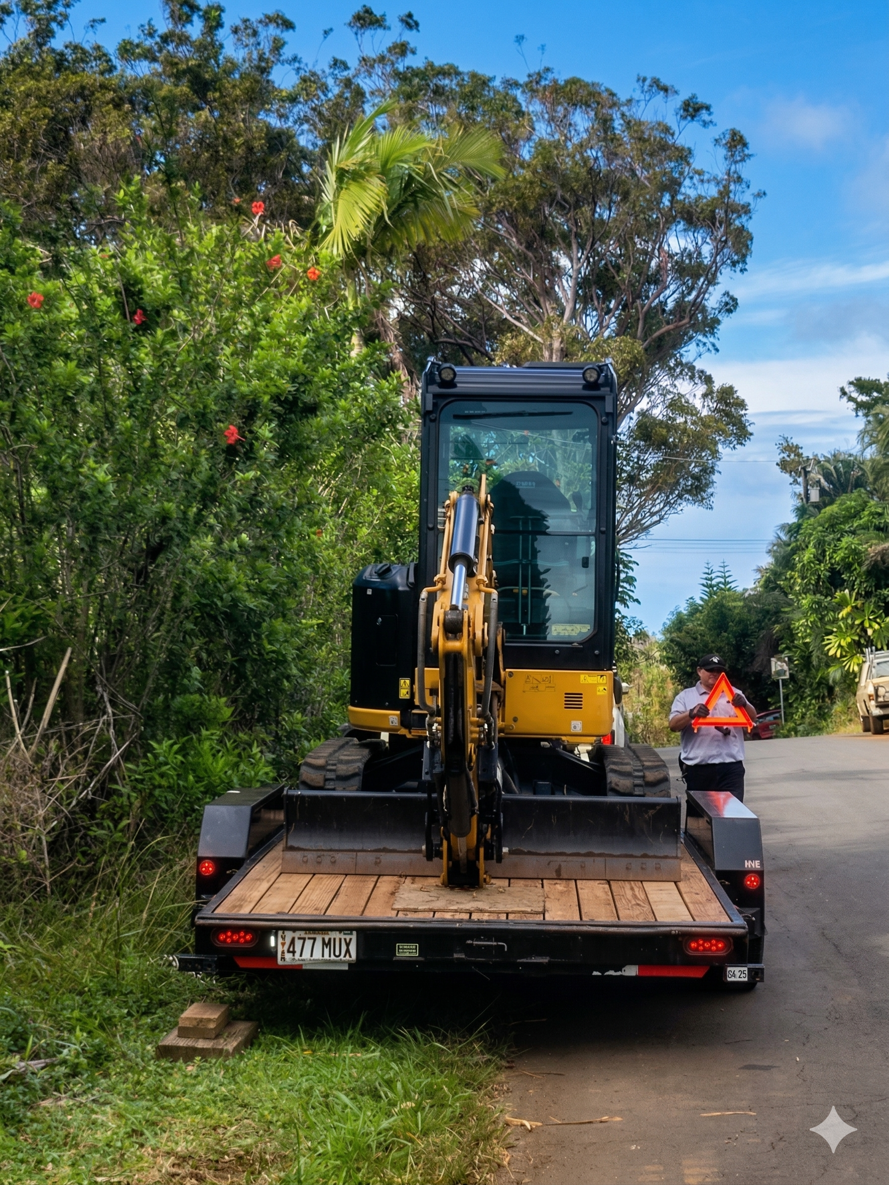 A yellow excavator is loaded on a flatbed trailer on a road, with a person standing beside it near lush green trees.