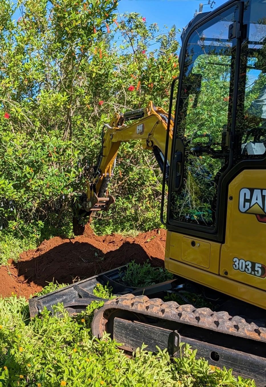 Yellow CAT excavator digging in a leafy garden beside a pile of dirt