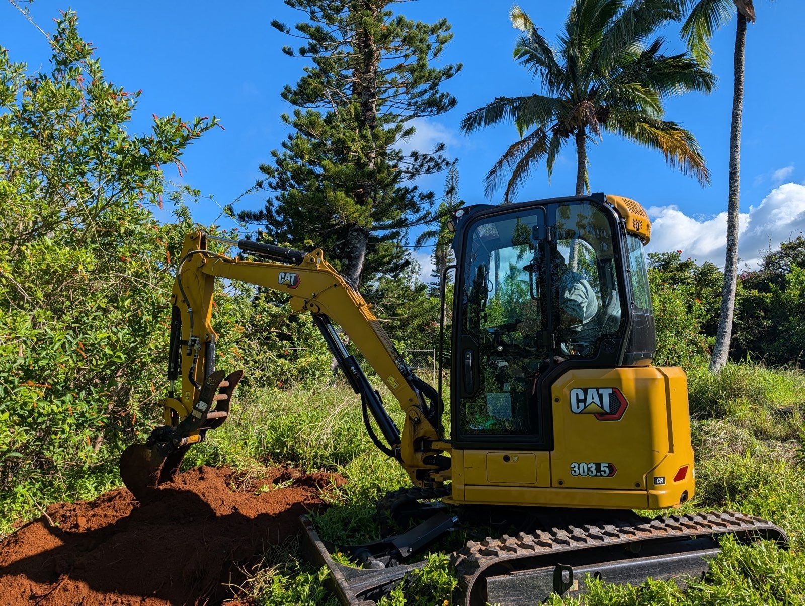 Yellow CAT mini excavator digging red soil on a sunny, tropical roadside with palm trees.