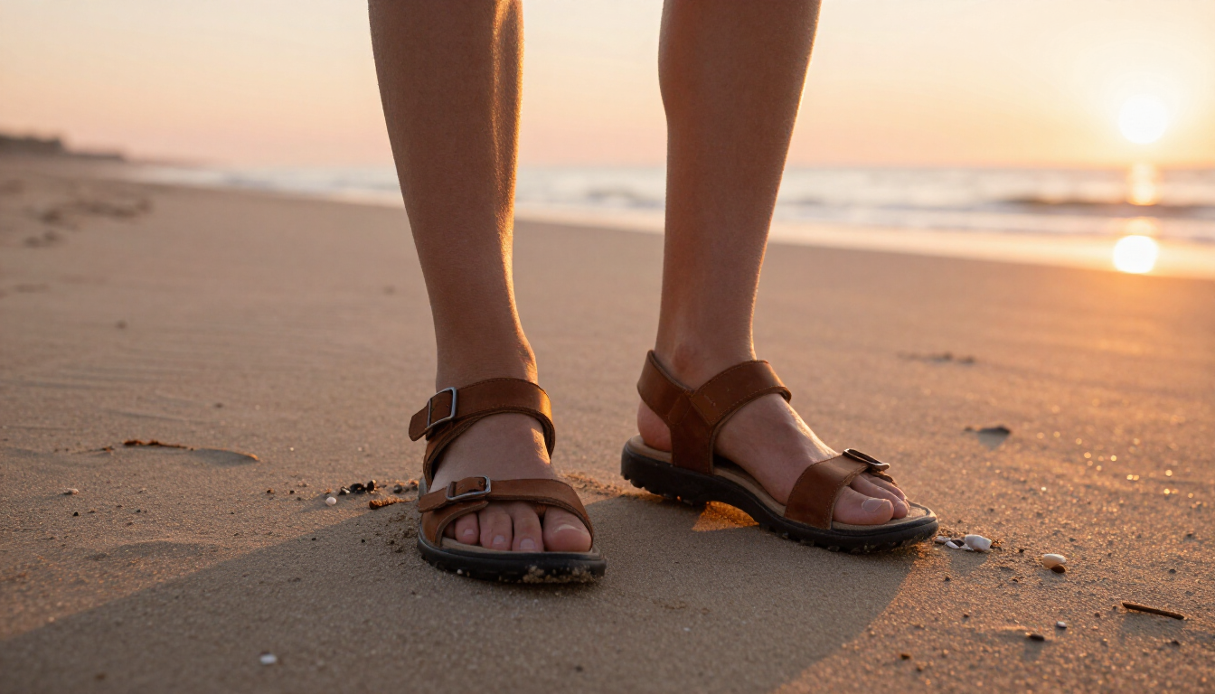 Protective footwear on a sunny beach during summer.