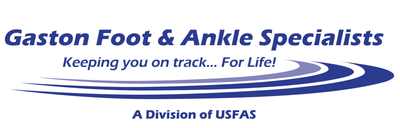 Logo for Gaston Foot & Ankle Specialists. Blue text and curved lines on a white background.