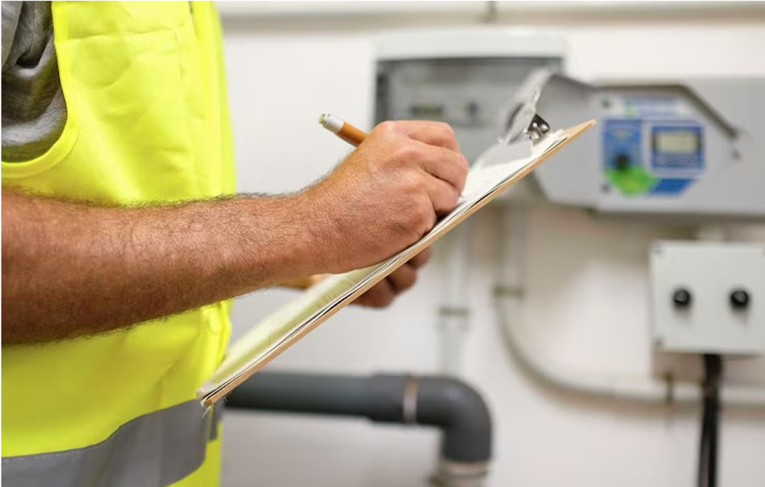 A man in a yellow vest is writing on a clipboard.