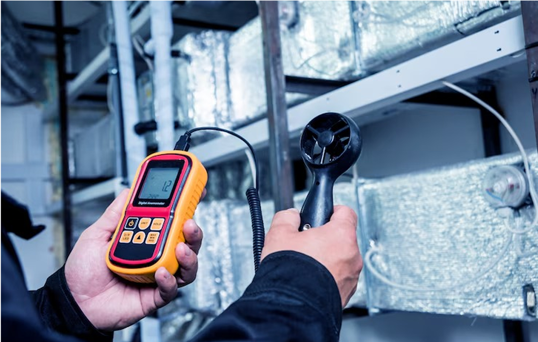 A person is holding a wind meter in their hands.