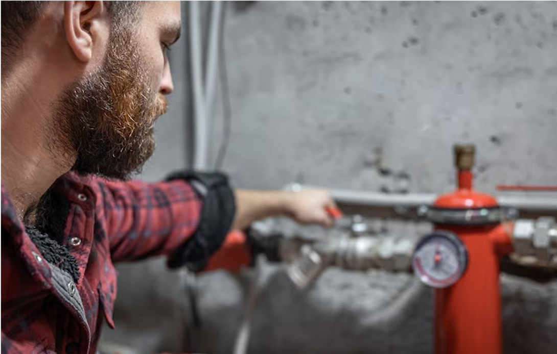 A man with a beard is working on a pipe.