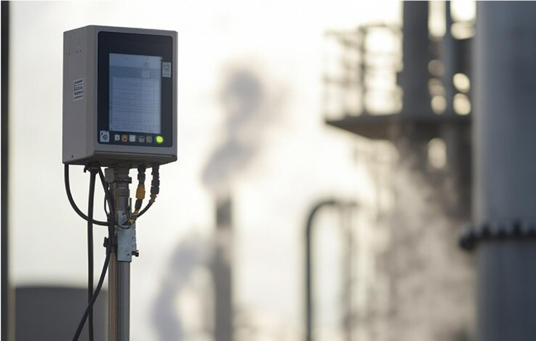 A monitor is sitting on a pole outside of a building.