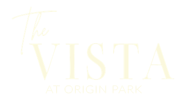 The Vista at Origin Park logo in cream, script 