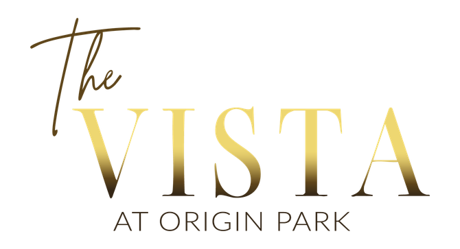 The Vista at Origin Park logo in gold script and sans-serif text.