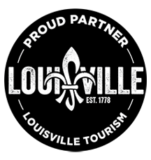 Black-and-white Louisville tourism logo with fleur-de-lis and “Proud Partner” text