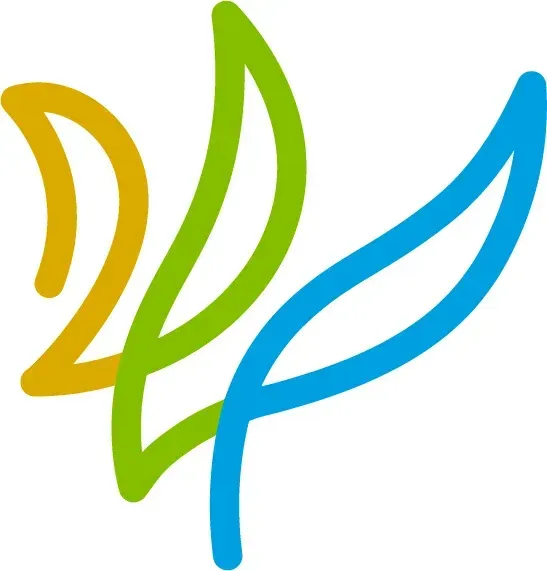 Abstract logo with three colorful curved leaf-like strokes in yellow, green, and blue on white background