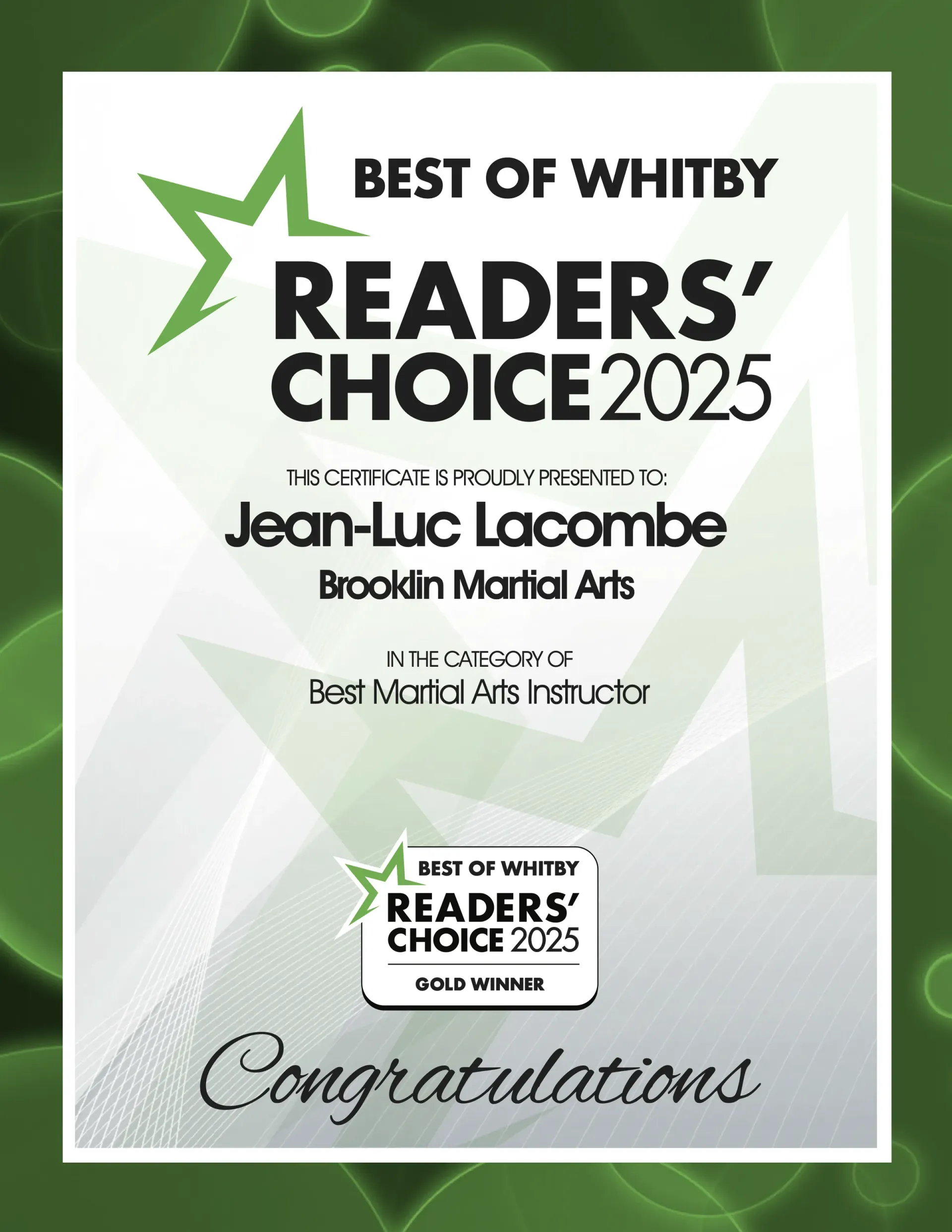 Best of Whitby Readers' Choice 2025 award poster congratulating Jean-Luc Lacombe, Brooklin Martial Arts