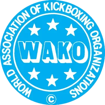 Blue WAKO World Association of Kickboxing Organizations logo with white stars and text