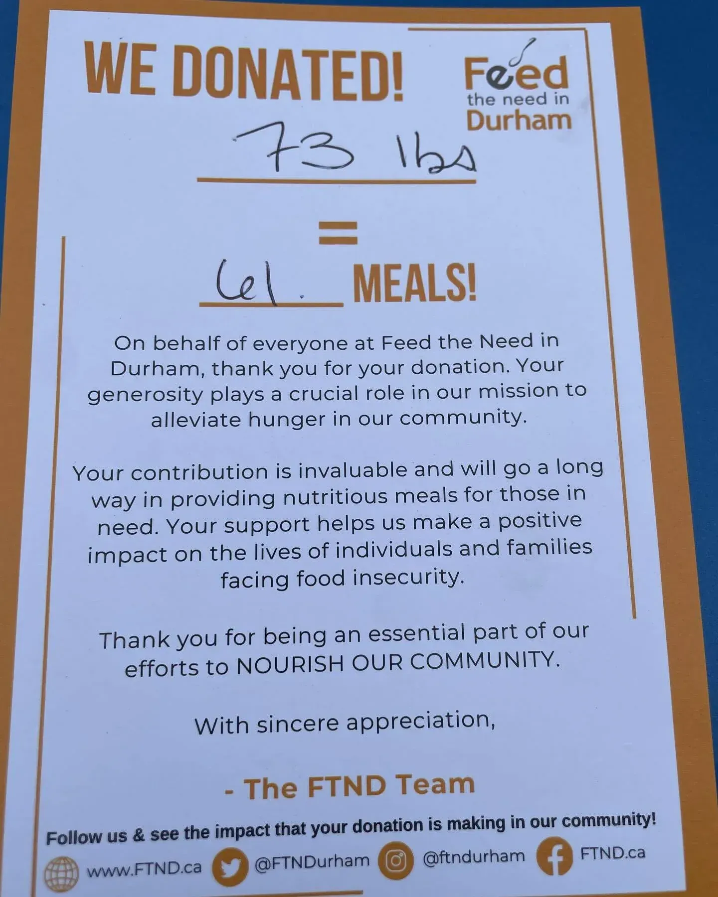 Donation poster from Feed the Durham: “We donated 73 lbs = 61 meals,” with blue border and thank-you message