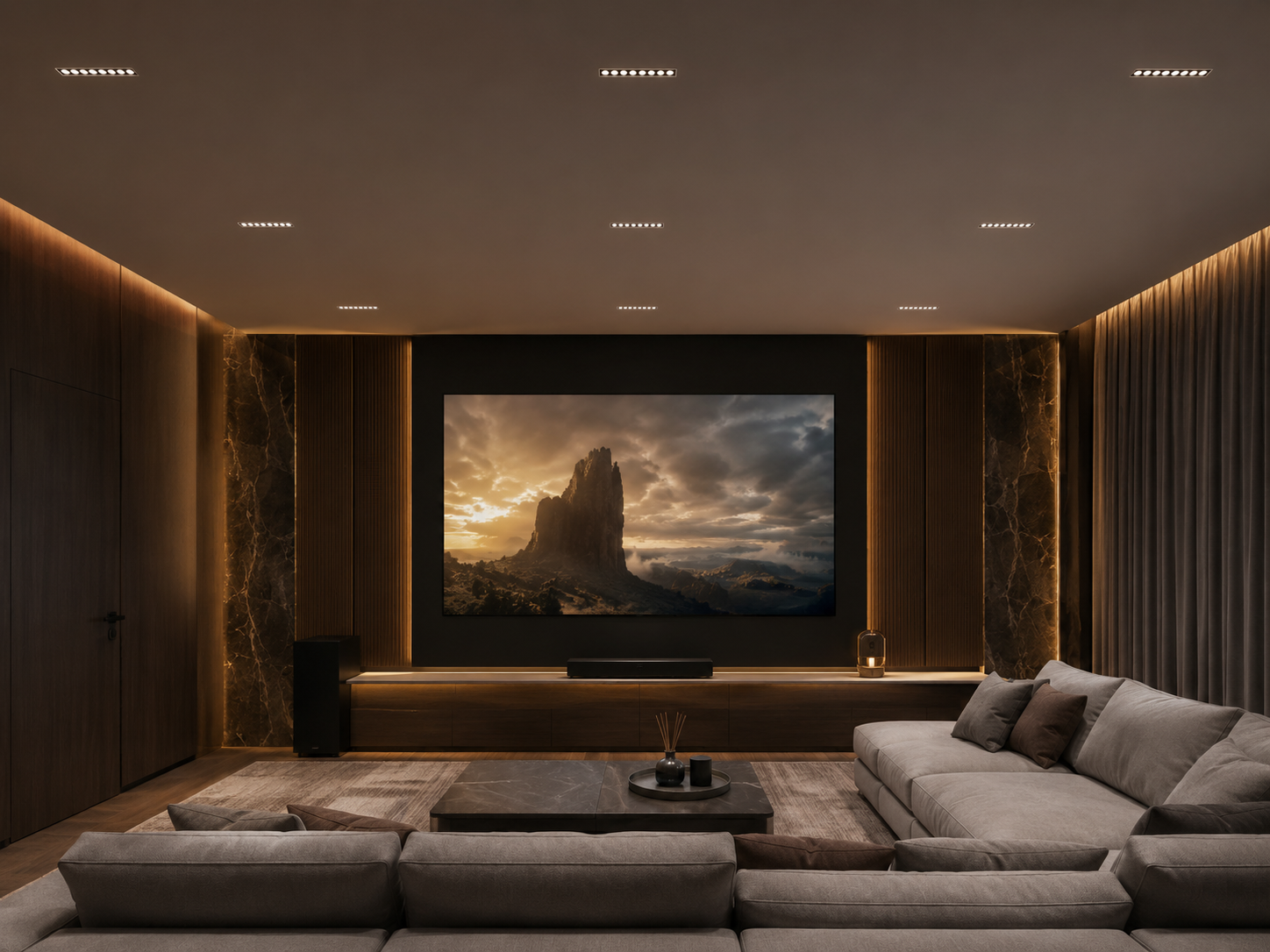 Sala de cine en casa con iluminación inteligente y automatización residencial