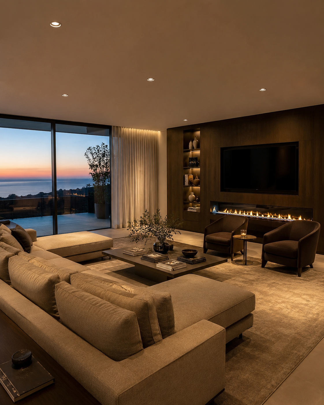 Sala residencial con control inteligente de iluminación y automatización del hogar