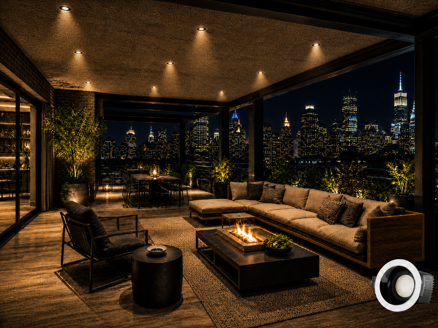 Terraza con iluminación inteligente automatizada para residencia de lujo