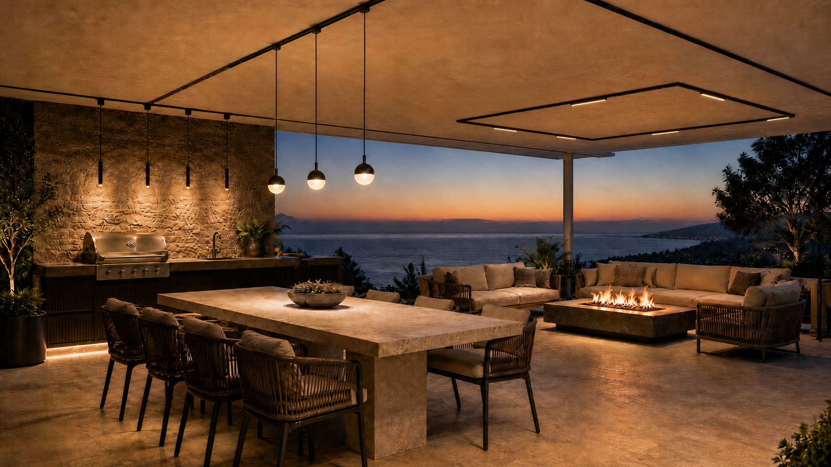 Terraza con iluminación inteligente para espacios exteriores automatizados