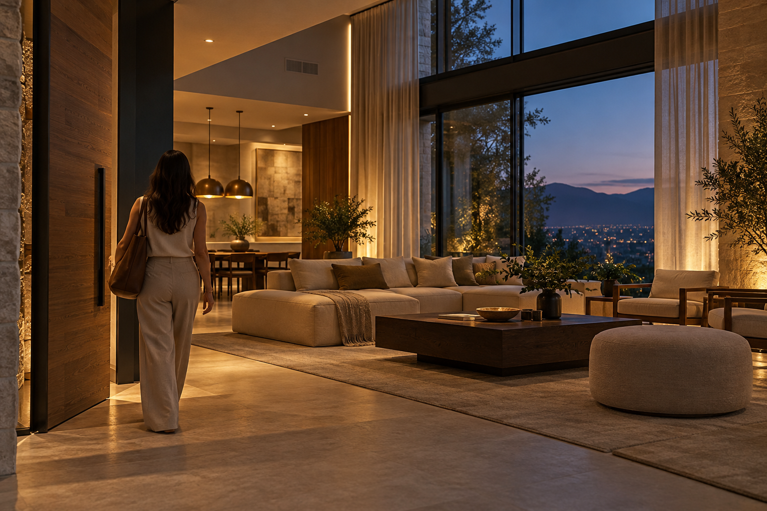 Una persona llega a casa al anochecer y encuentra un ambiente cálido, con iluminación y cortinas integradas