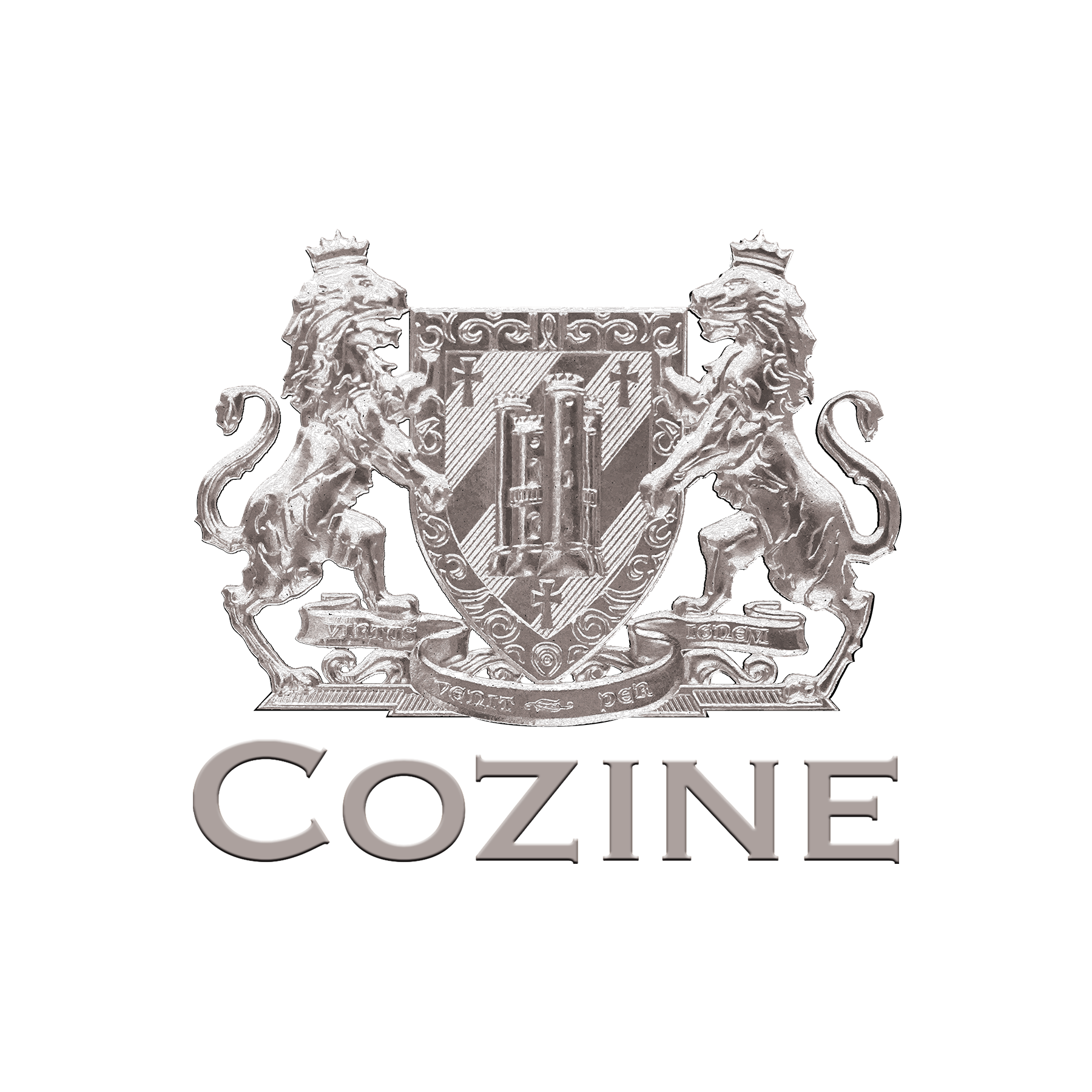 Cozine Life Events Center logo with crest and blue horizontal stripes on a white background