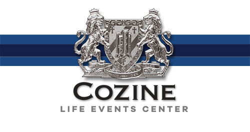 Cozine Life Events Center logo with crest and blue horizontal stripes on a white background