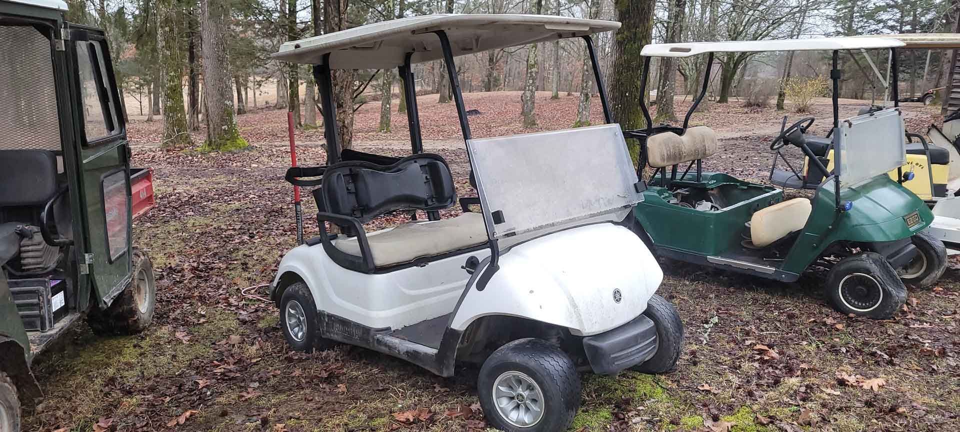 Three golf carts are parked next to each other in the woods.