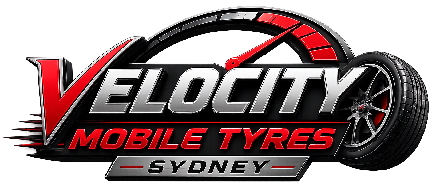 Velocity Mobile Tyres Sydney logo in red, black and silver with a stylized tire graphic
