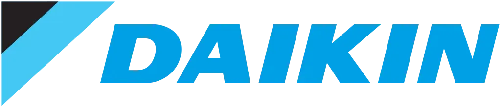 Daikin logo: blue text with a slanted design of black, light blue, and blue shapes.