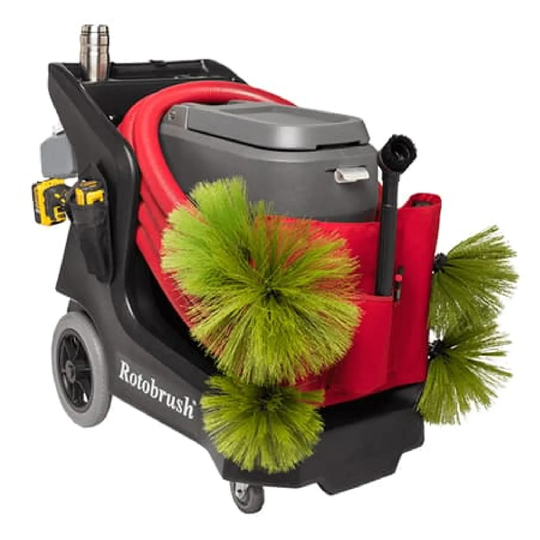 Red and black carpet-cleaning machine with green brushes and a gray tank on wheels