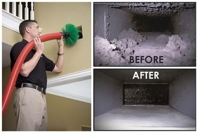 Inside view of a metal air duct being cleaned with a rotating brush, revealing a circular vent.