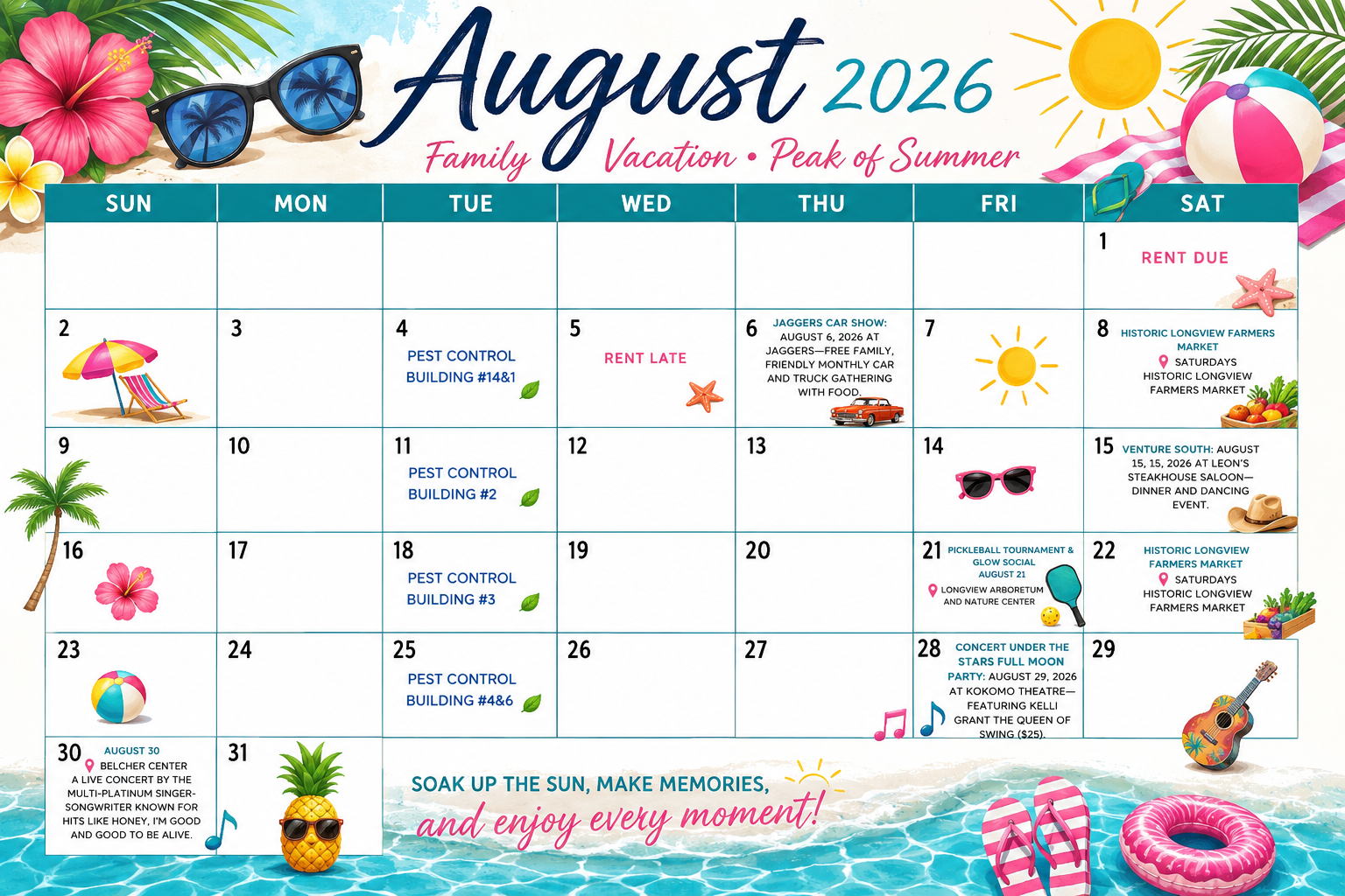 June 2026 wall calendar with floral summer design and handwritten notes, including rent due and late rent reminders