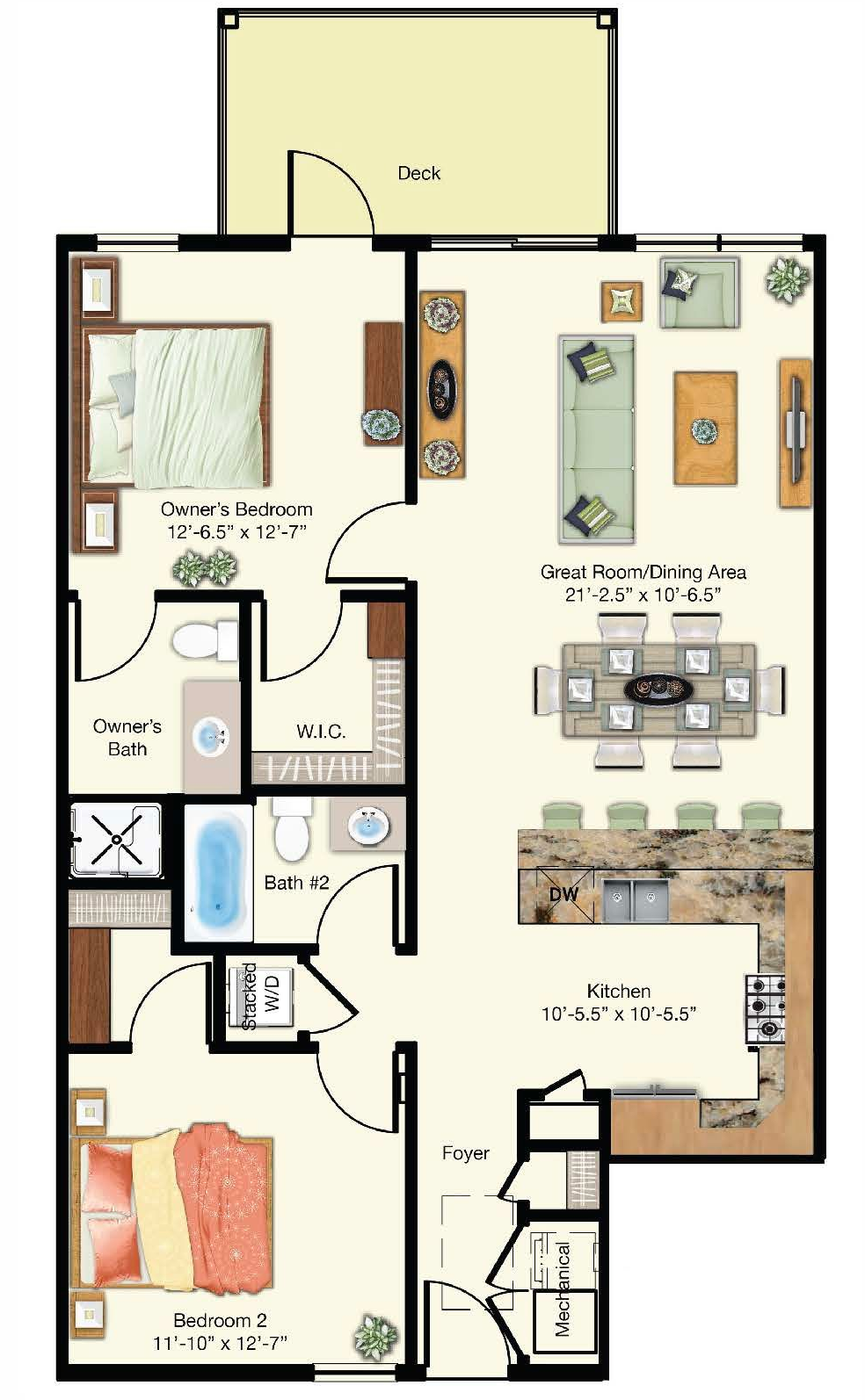 Floor plan for Unit 2B showing two bedrooms, two baths, kitchen, and great room with balcony.