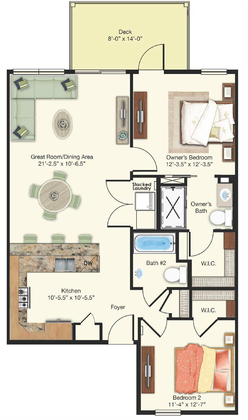 Floor plan for a 2-bedroom, 2-bath apartment layout including kitchen, great room, and deck with storage.