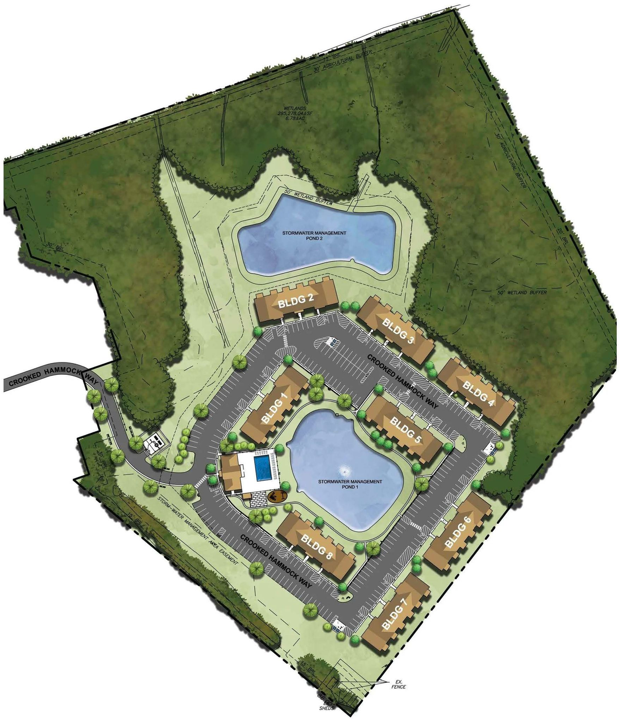 Site plan for a residential complex featuring several buildings, a central pond, a pool, and surrounding green space.