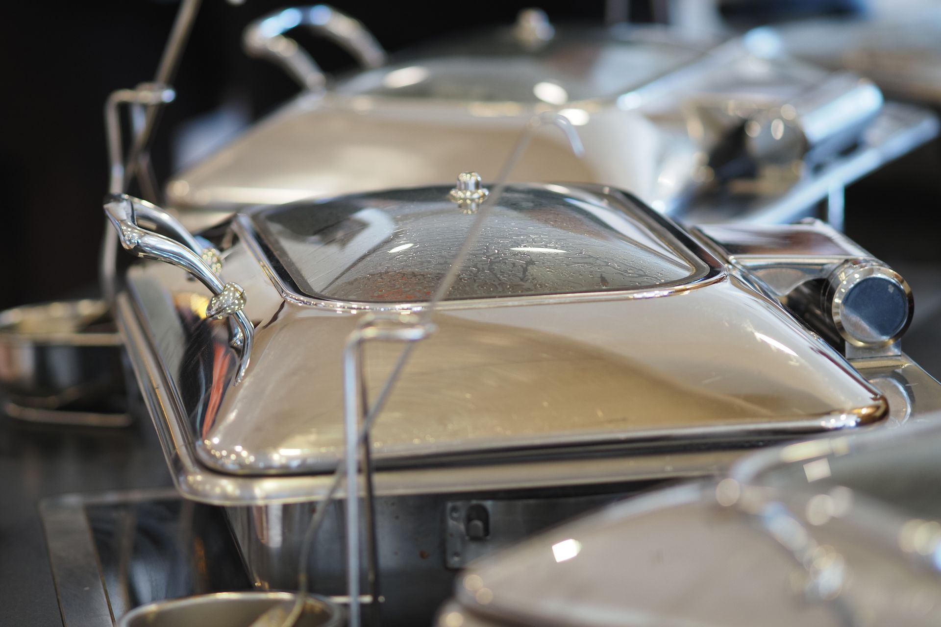 Warm food trays at a buffet in a restaurant setting. Warm food trays at a buffet in a restaurant setting.