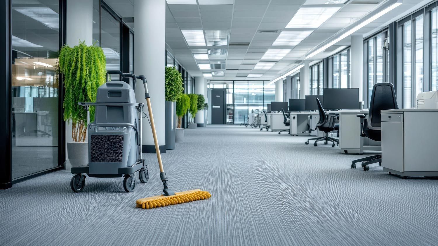 Empty office hallway with carpet, cleaning cart, mop, and desks under bright ceiling lights