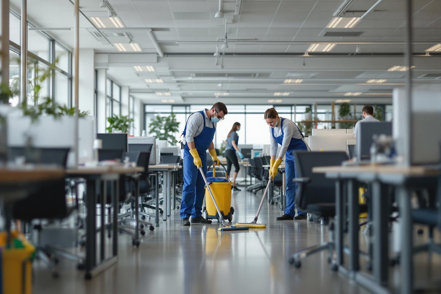 Two janitors mopping a bright office floor in an open-plan workspace