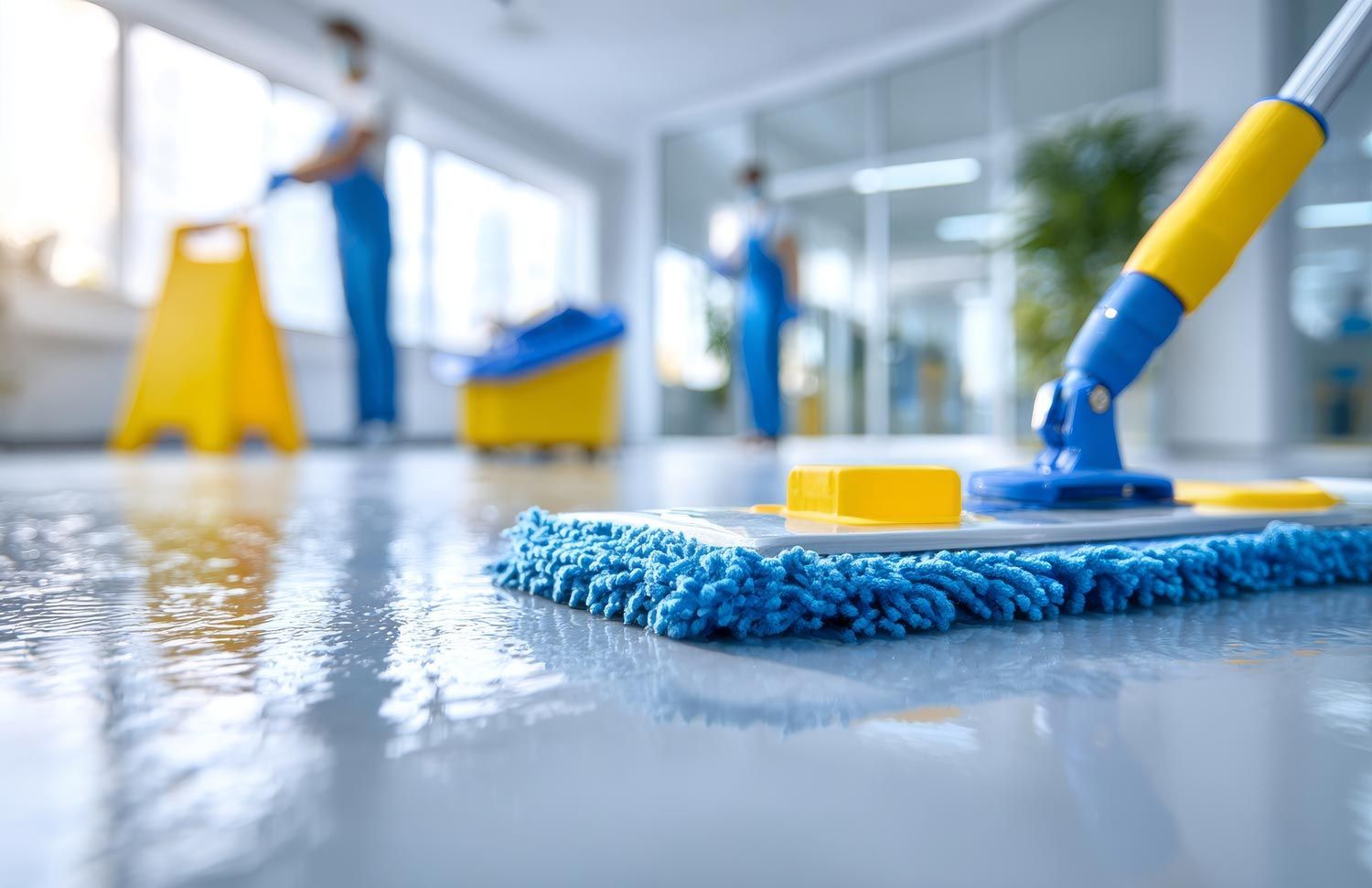 Blue mop and bucket in a bright room with a person cleaning a wet floor