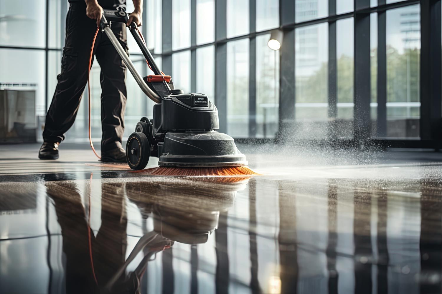 Floor buffer polishing a glossy lobby floor with reflected windows and sunlight