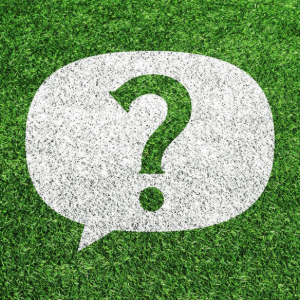 White speech bubble with a green question mark on a grass background
