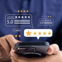 Hands holding a smartphone with floating 5-star rating and review icons above it